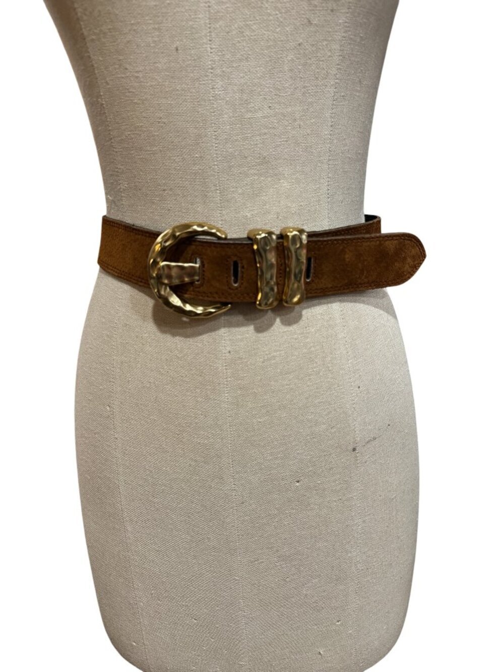 EXPRESS Compagnie Internationale Brown Suede Leather Belt Gold Buckle M Vintage - Picture 2 of 8